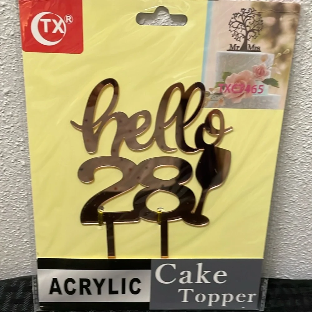 CTX Acrylic Hello 28 Cake Topper - Rose Gold Acrylic Decoration NIP 7” H X 5” W